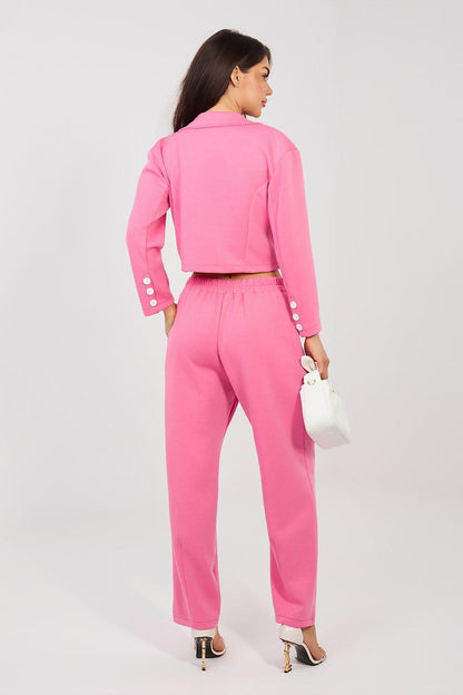 Women's pink cropped blazer and matching straight-leg pants suit set, back view