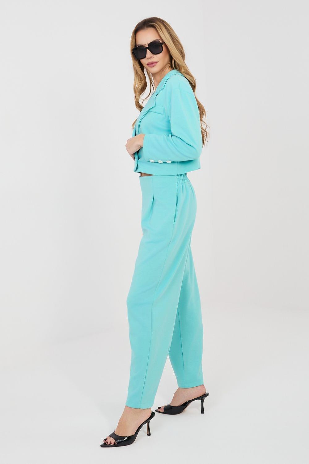 Teal cropped jacket and wide-leg ankle trousers, button-front with lapels