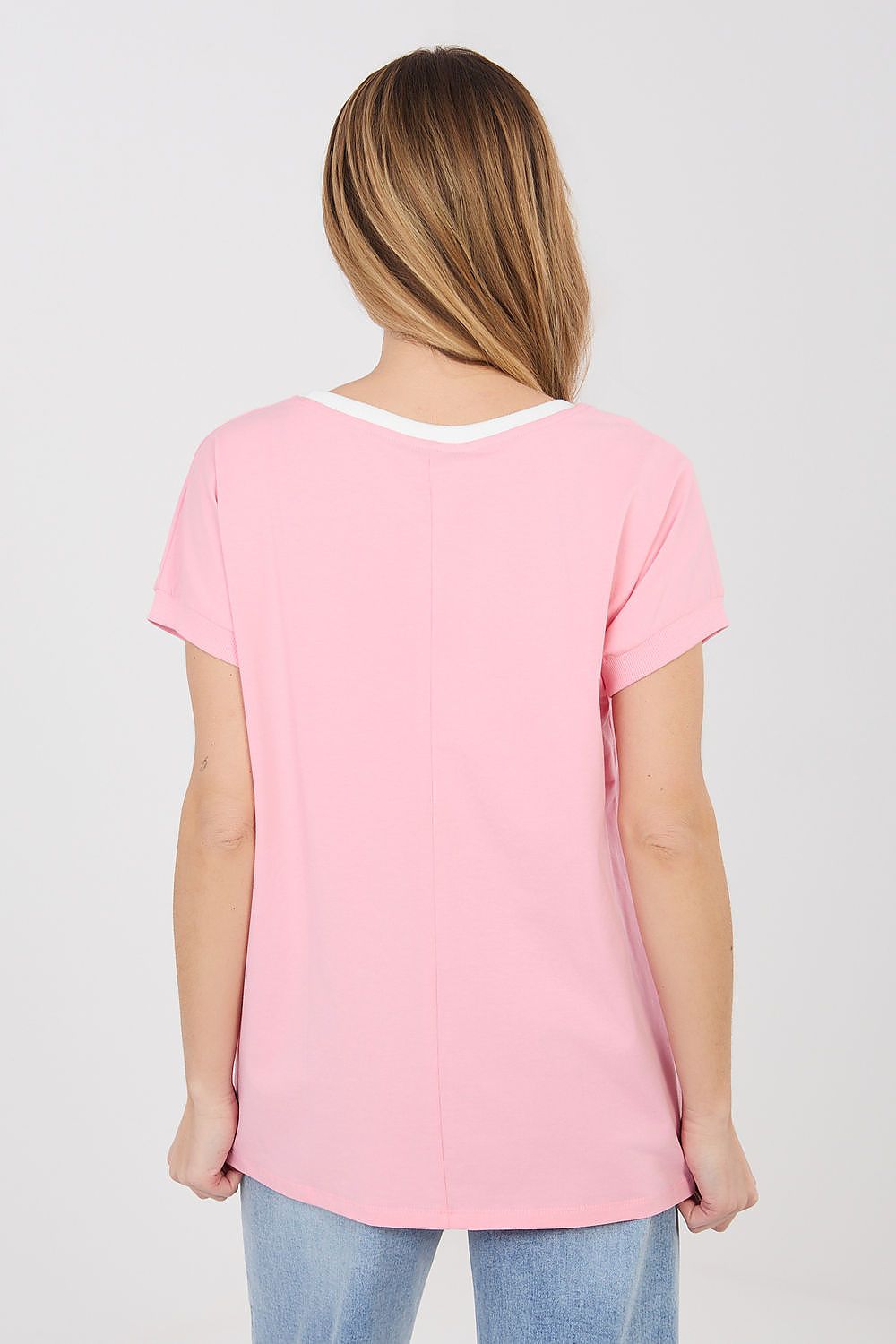 Pink short-sleeve blouse with crew neck and plain back