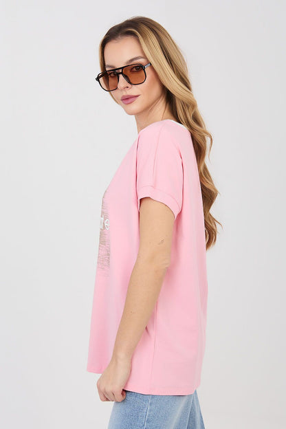 Pink short-sleeve blouse with crew neck, side view
