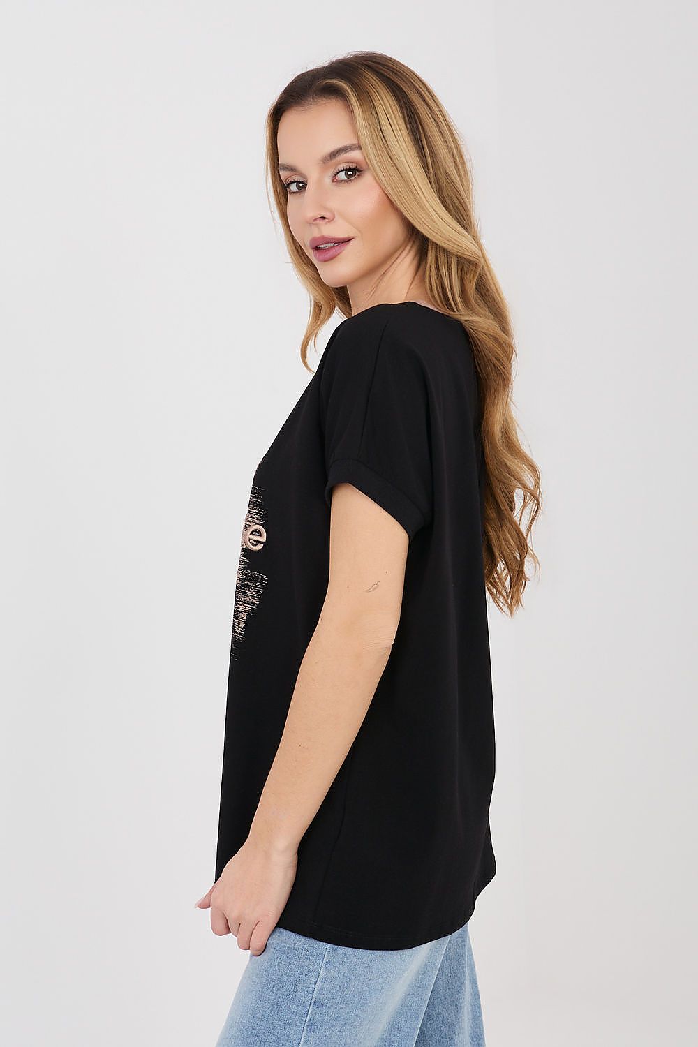 Black short-sleeve blouse with crew neck and sleeve graphic detail