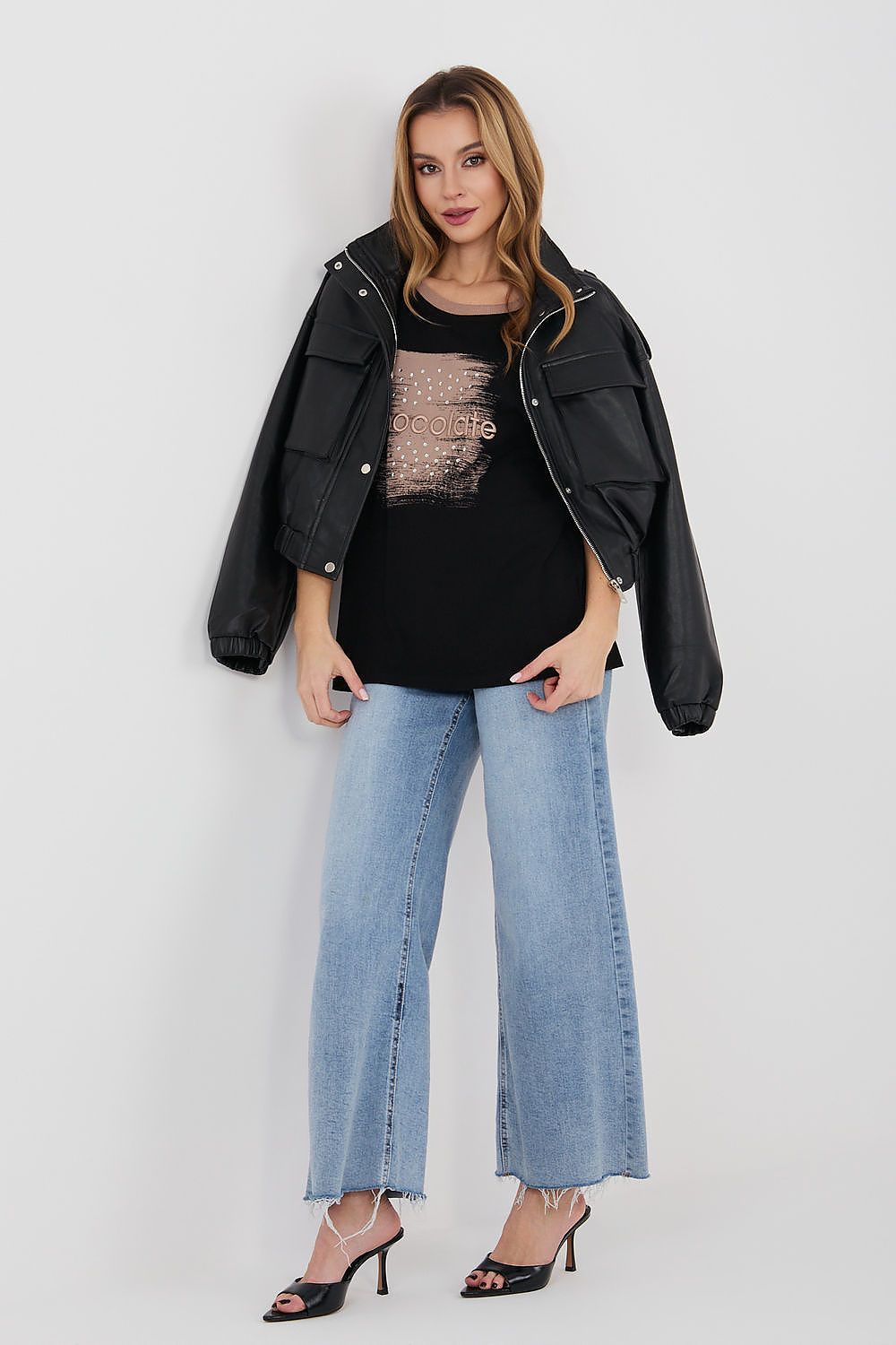 Black short-sleeve blouse with glittery “chocolate” square front print