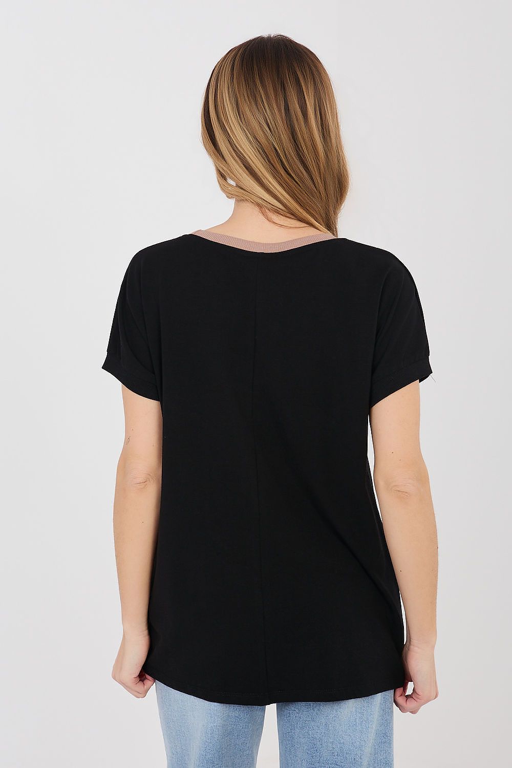Black short-sleeve blouse with crew neck and plain back