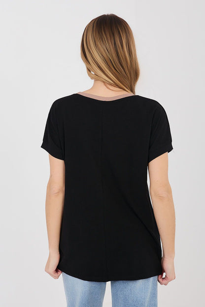 Black short-sleeve blouse with crew neck and plain back