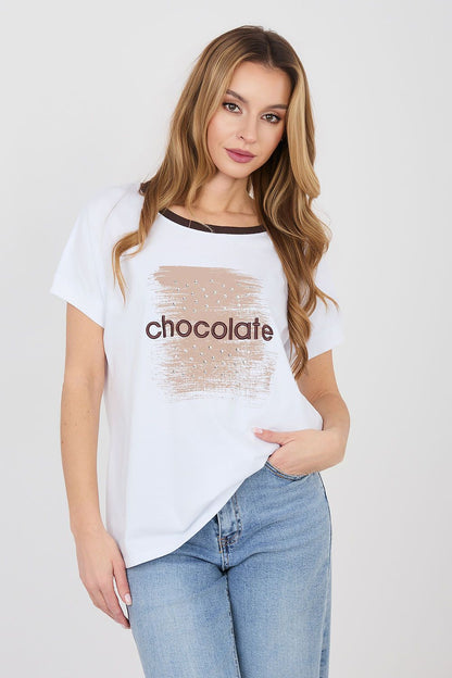 White short-sleeve blouse with crew neck and glittery “chocolate” front print