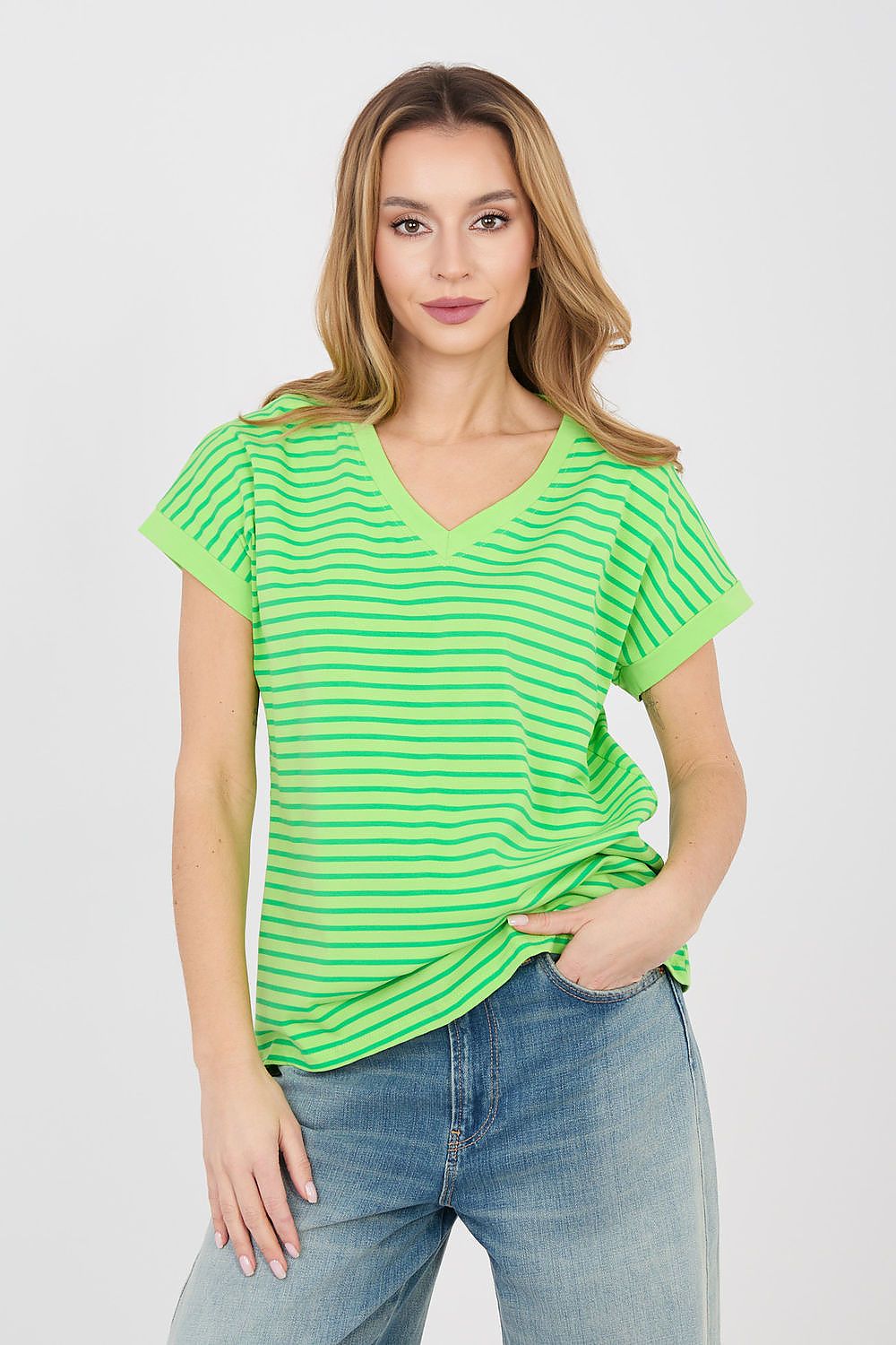 Green striped V-neck T-shirt with short sleeves