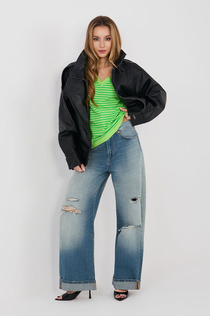 Green striped V-neck T-shirt under black jacket, short sleeves
