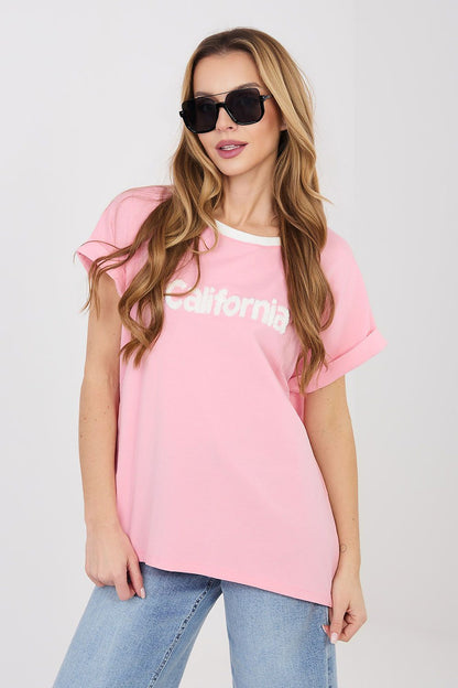Pink blouse with short sleeves, crew neck, and 'California' graphic on front