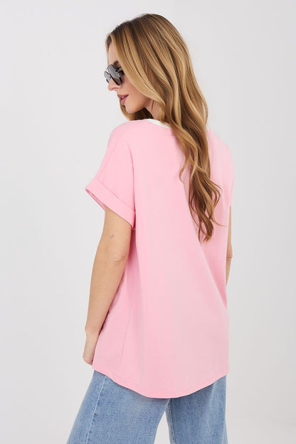 Pink blouse with short sleeves and crew neck, back view