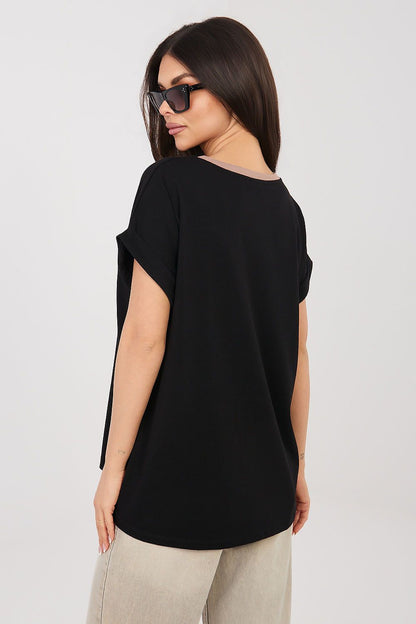 Black blouse with short sleeves and crew neck, back view
