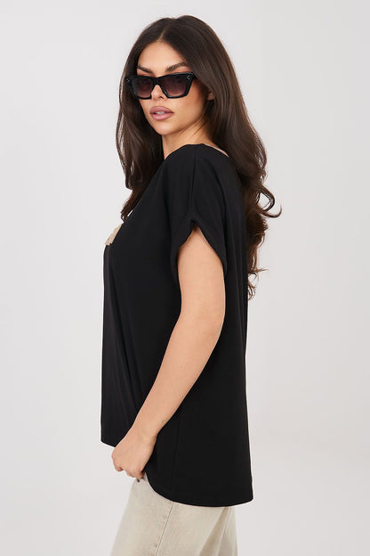 Black blouse with short sleeves and crew neck, side view