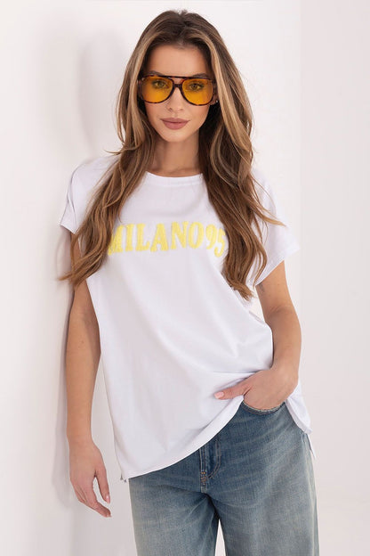 White T-shirt with gold MILANOS graphic print, short sleeves, straight hem