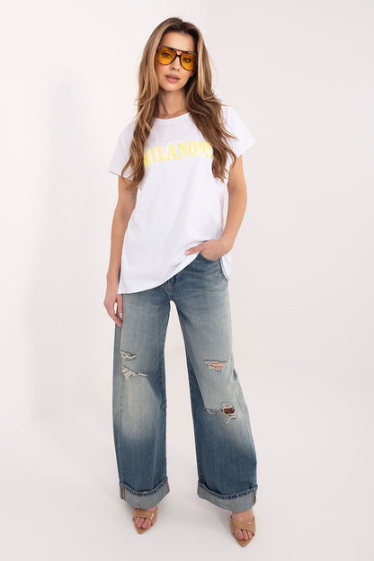 White T-shirt with gold MILANOS graphic print, short sleeves