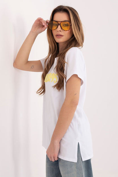 White T-shirt with gold MILANOS print, short sleeves, curved side hem