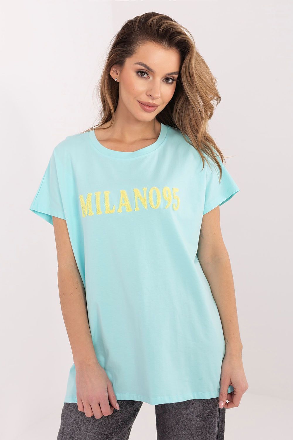 Light blue T-shirt with gold MILANOS graphic print, short sleeves