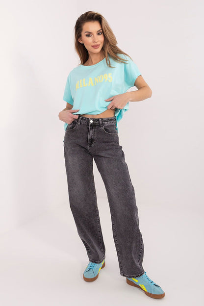 Light blue T-shirt with gold MILANOS graphic print, short sleeves