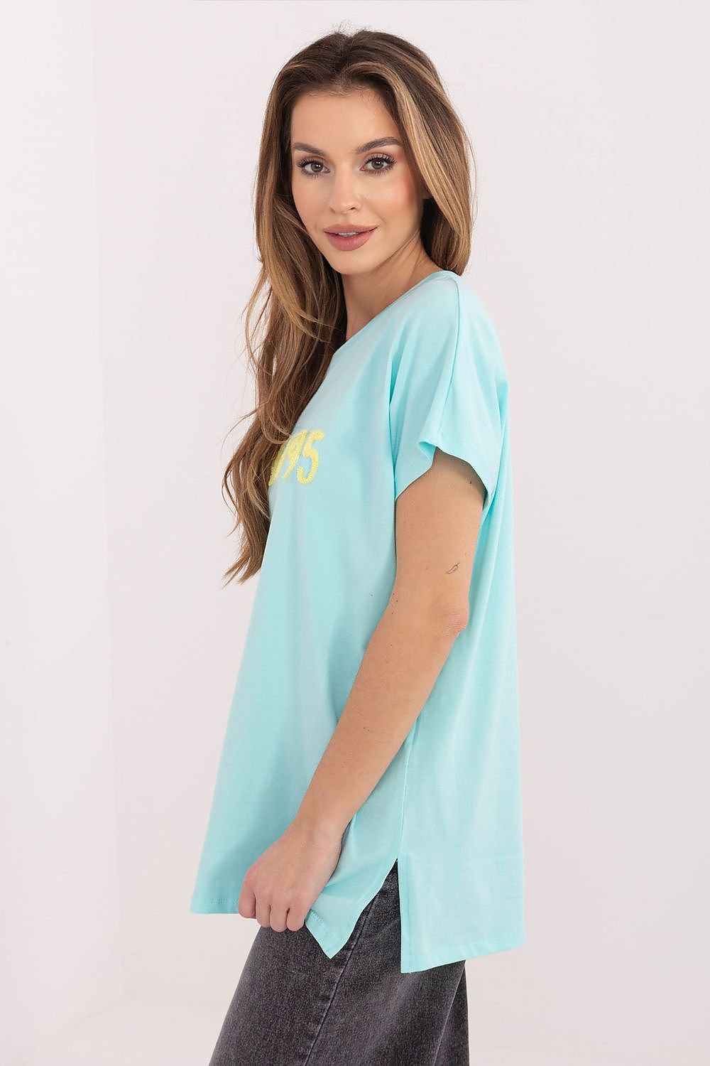 Light blue T-shirt with gold MILANOS print, short sleeves and side drape