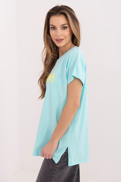 Light blue T-shirt with gold MILANOS print, short sleeves and side drape