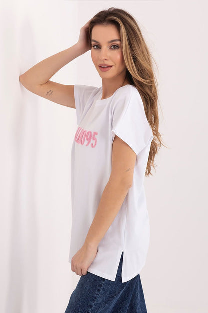 White T-shirt with crew neck, side slit hem, and Milano 95 print