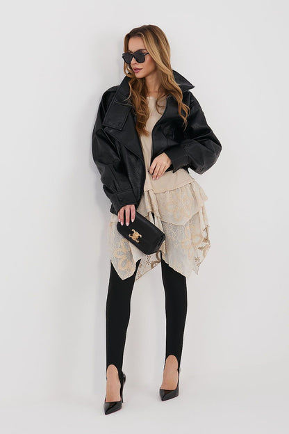 Beige blouse with short sleeves and asymmetric layered ruffle hem.