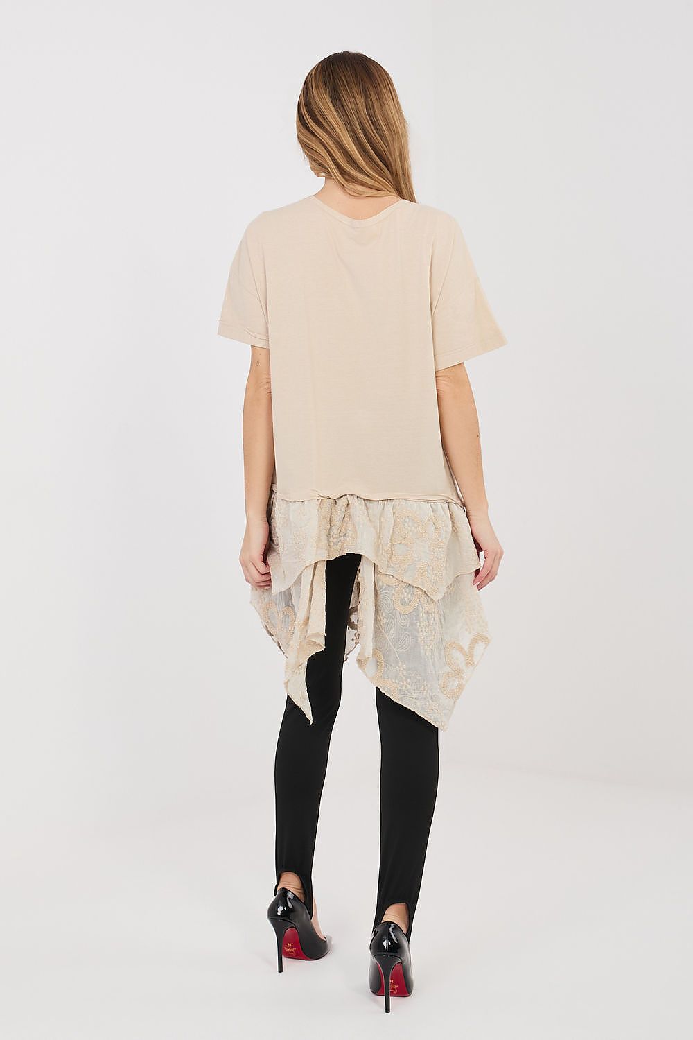 Beige blouse back view with short sleeves and layered ruffle hem.
