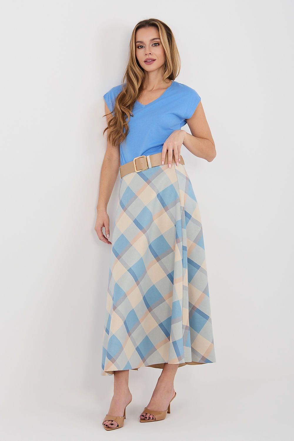 Long plaid midi skirt in light blue and cream with wide belt at the waist