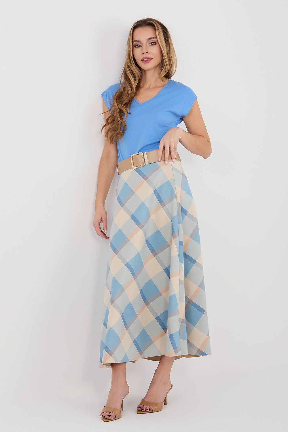 Blue and cream check long skirt with tan belt and gold buckle at waist