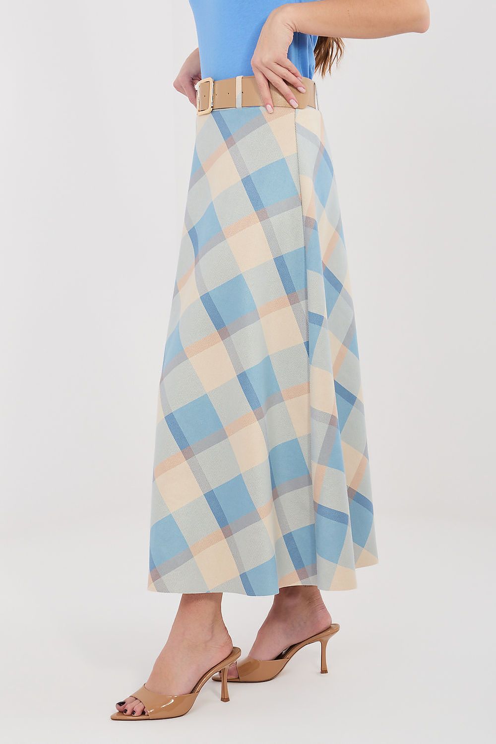 Blue and cream check long skirt with tan waist belt, A-line midi length