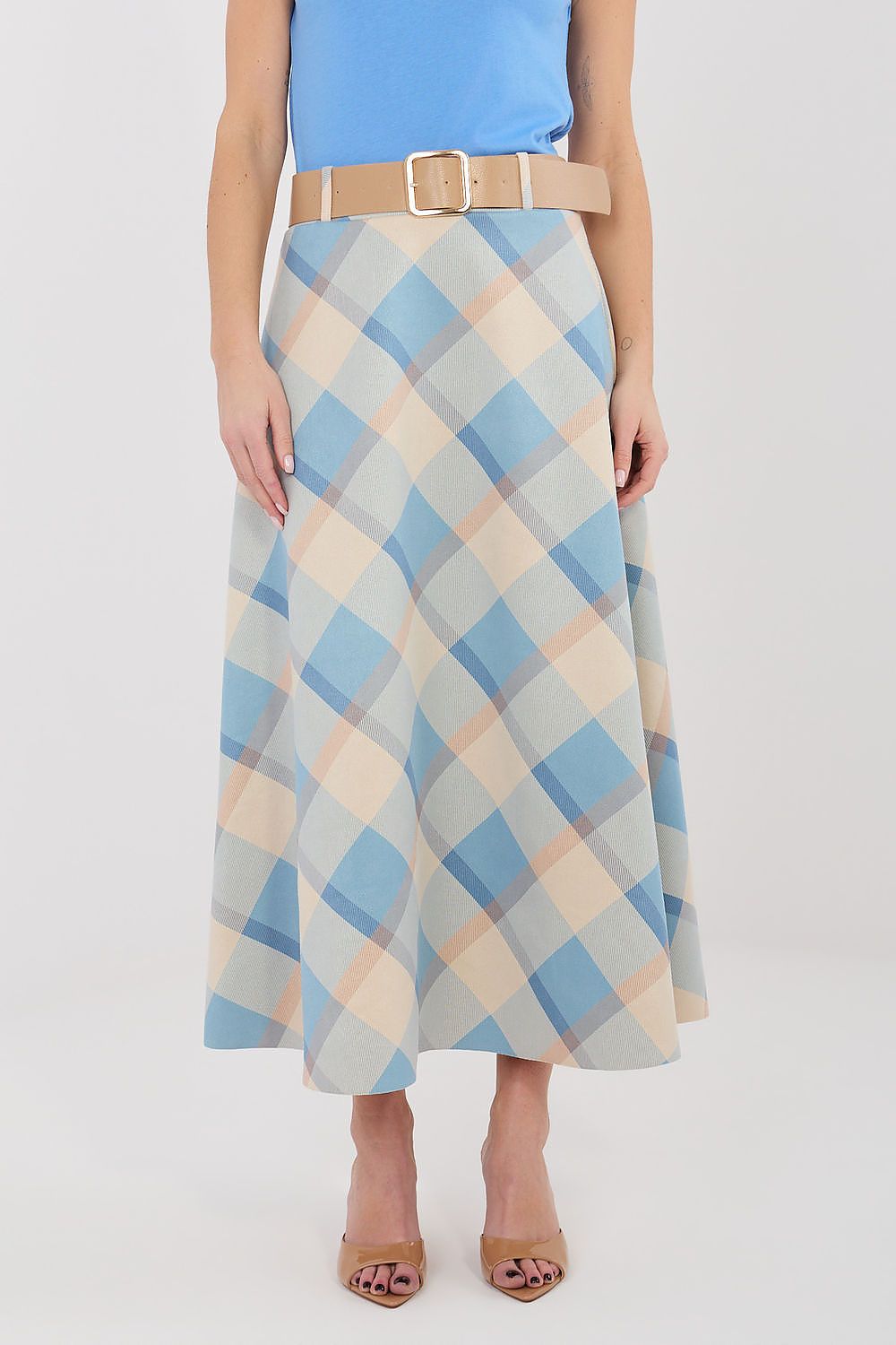 Blue and cream check midi skirt with tan belt and gold buckle at front waist