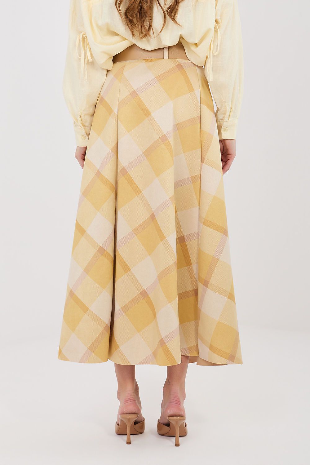 Yellow and cream check long skirt with tan belt, wide A-line hem