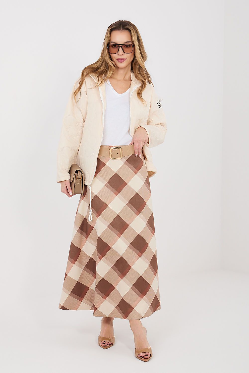 Brown and cream check midi skirt with tan belt and gold buckle at front waist