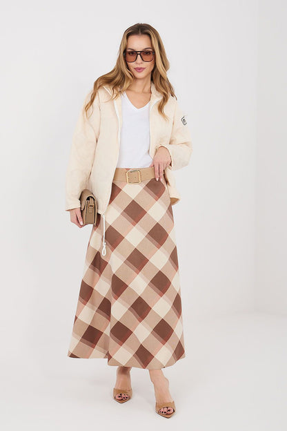 Brown and cream check midi skirt with tan belt and gold buckle at front waist