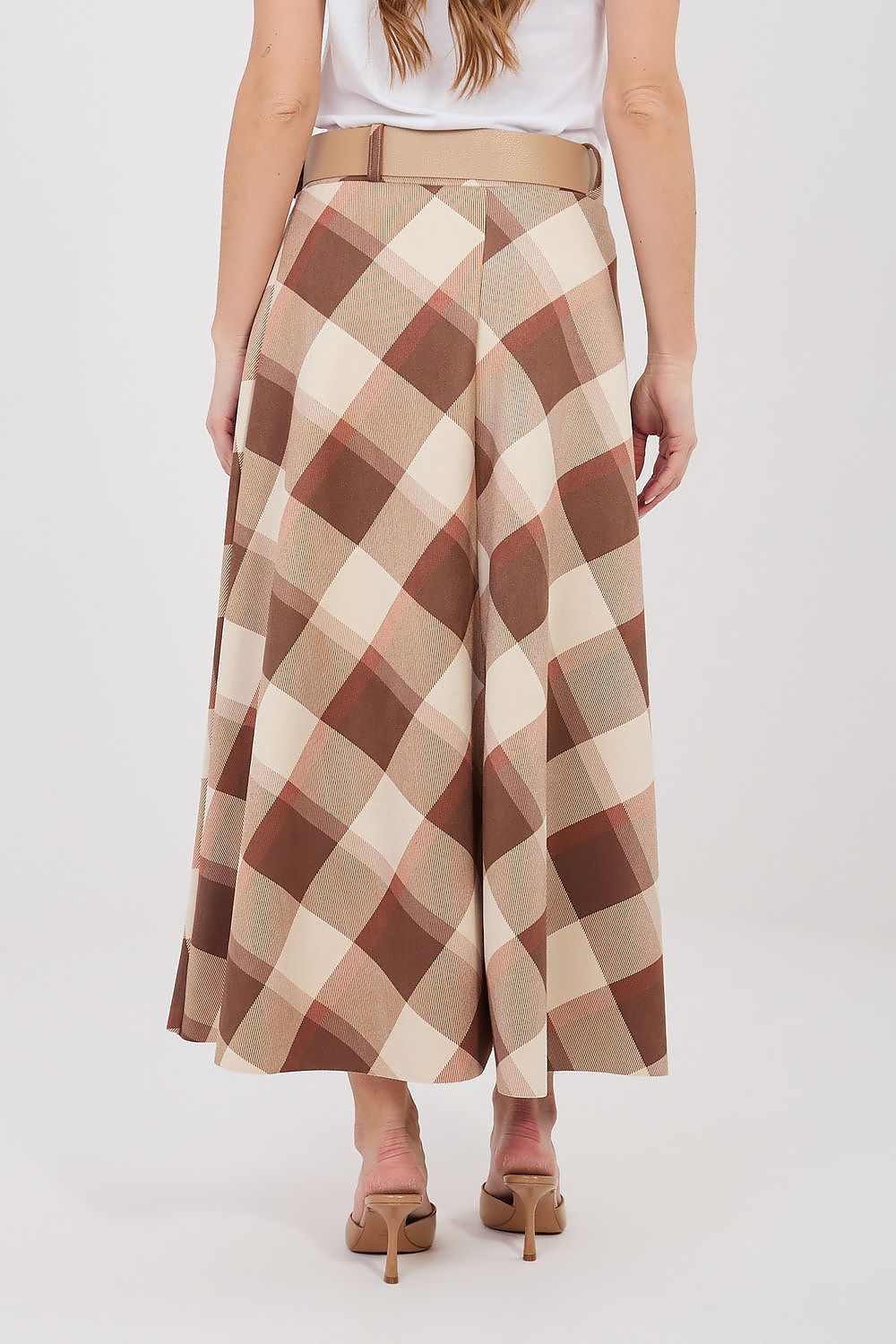 Brown and cream check long skirt with tan belt, full A-line flare