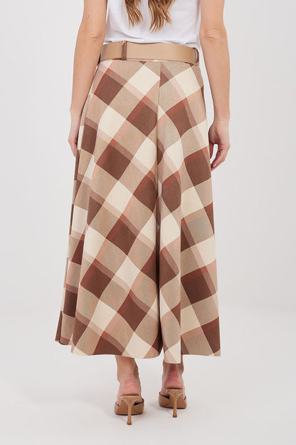 Brown and cream check long skirt with tan belt, full A-line flare