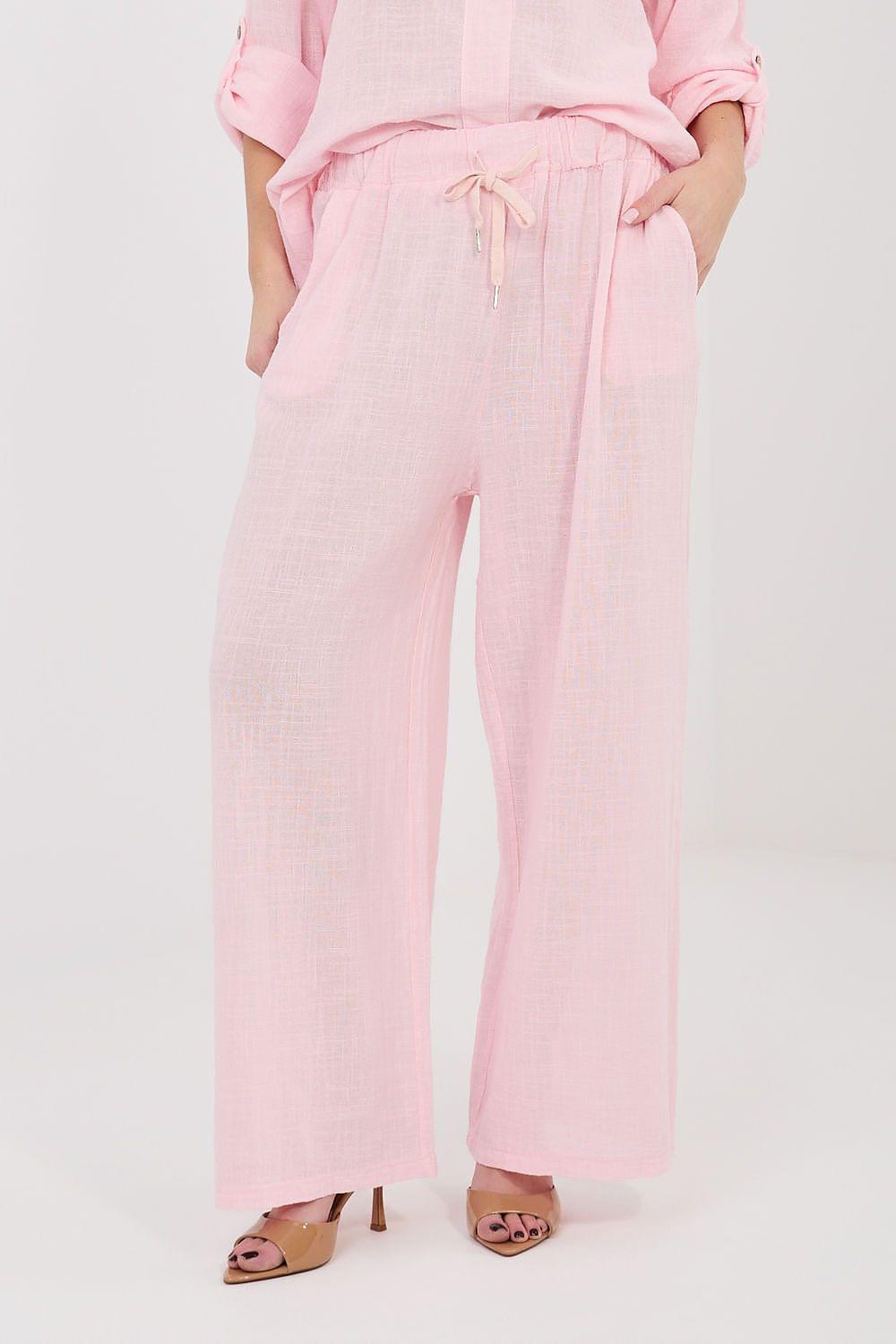 Women’s wide-leg trousers in pink with drawstring waist and straight wide legs