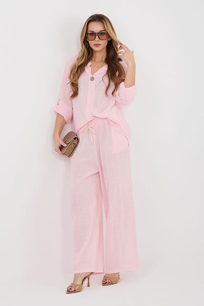 Women’s pink linen-look drawstring wide-leg trousers, full-length front view