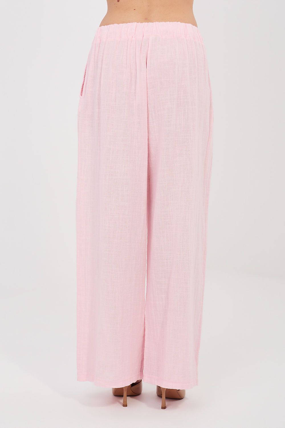 Women’s pink linen-look drawstring wide-leg trousers, back view with elastic waistband