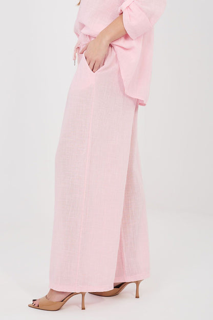 Women’s pink linen-look drawstring wide-leg trousers with gathered drawstring waist