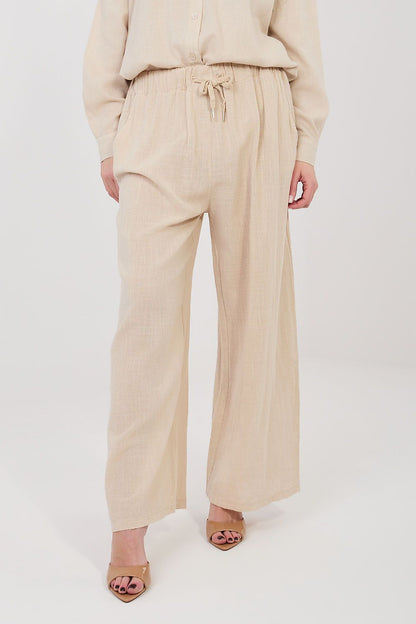 Women’s beige linen-look drawstring wide-leg trousers with side pockets and tassel tie