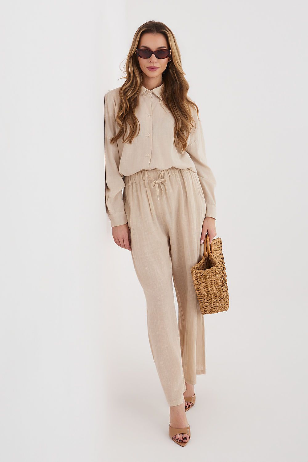 Women’s beige linen-look drawstring wide-leg trousers, full-length front view