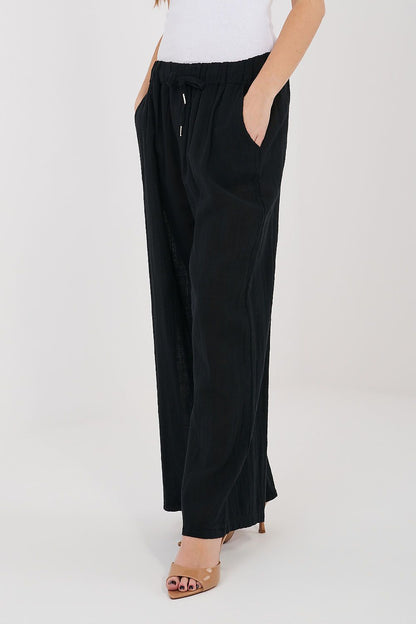 Women’s black linen-look drawstring wide-leg trousers with elastic waist and side pockets