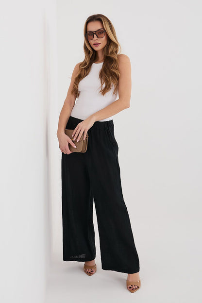 Women’s black linen-look drawstring wide-leg trousers, full-length front view