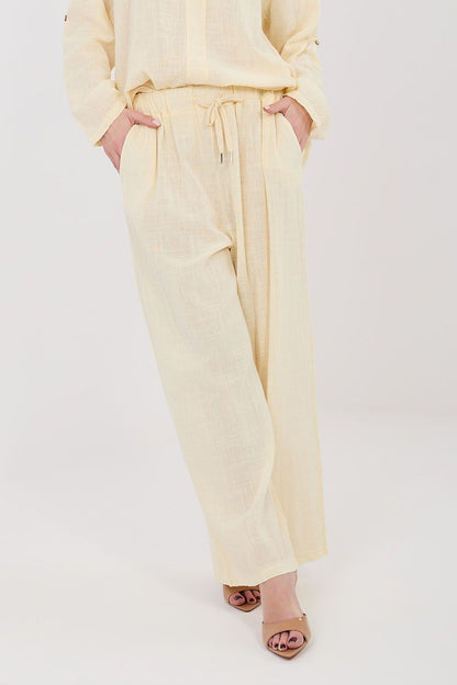 Women’s beige linen-look trousers with tie waist and straight wide legs