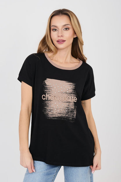 Black short-sleeve blouse with crew neck and glittery “chocolate” front print