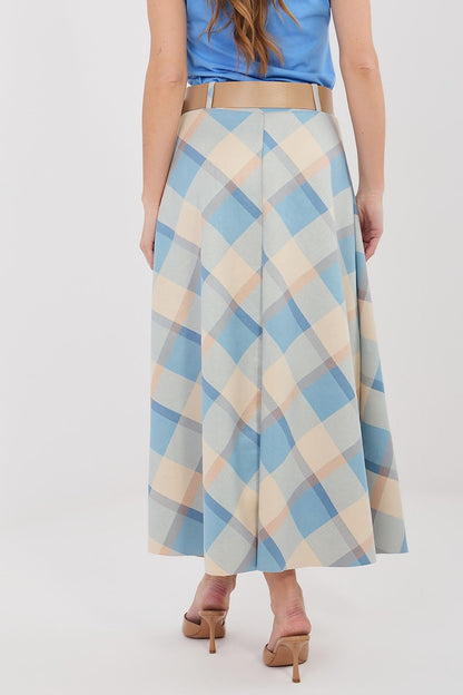 Blue and cream check long skirt with tan belt, pleated A-line silhouette