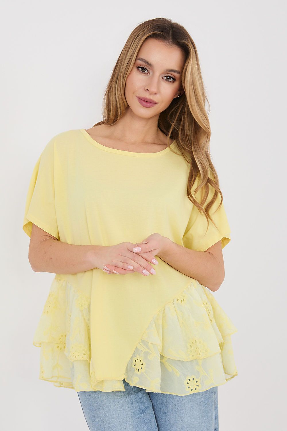 Yellow short-sleeve blouse with tiered lace ruffle hem and eyelet trim
