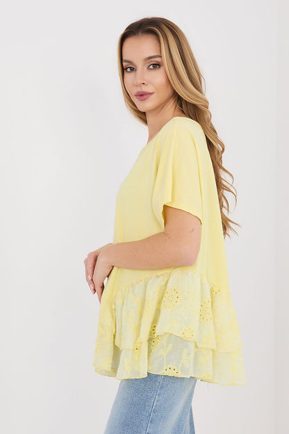 Yellow short-sleeve blouse with layered lace hem and eyelet trim