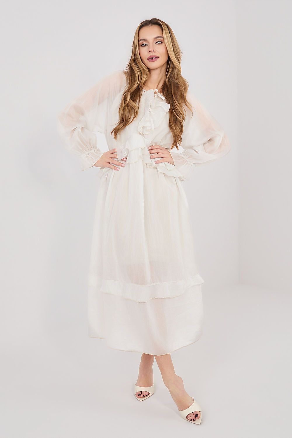 Cream long-sleeve daydress with ruffled tiers and tie waist