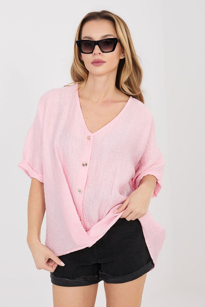 Pink short-sleeve V-neck button shirt with rolled cuffs