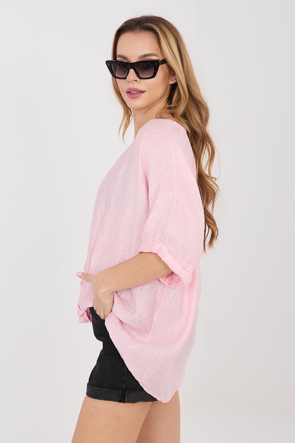 Pink short-sleeve V-neck button shirt with draped relaxed fit
